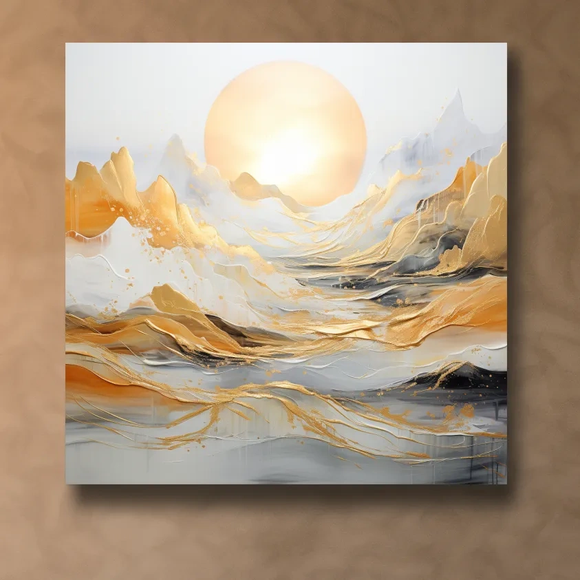 Mountain landscape art, gold leaf painting style