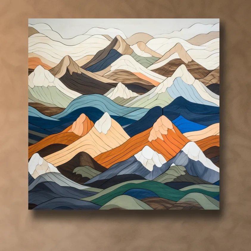Wooden art, snow mountain peaks
