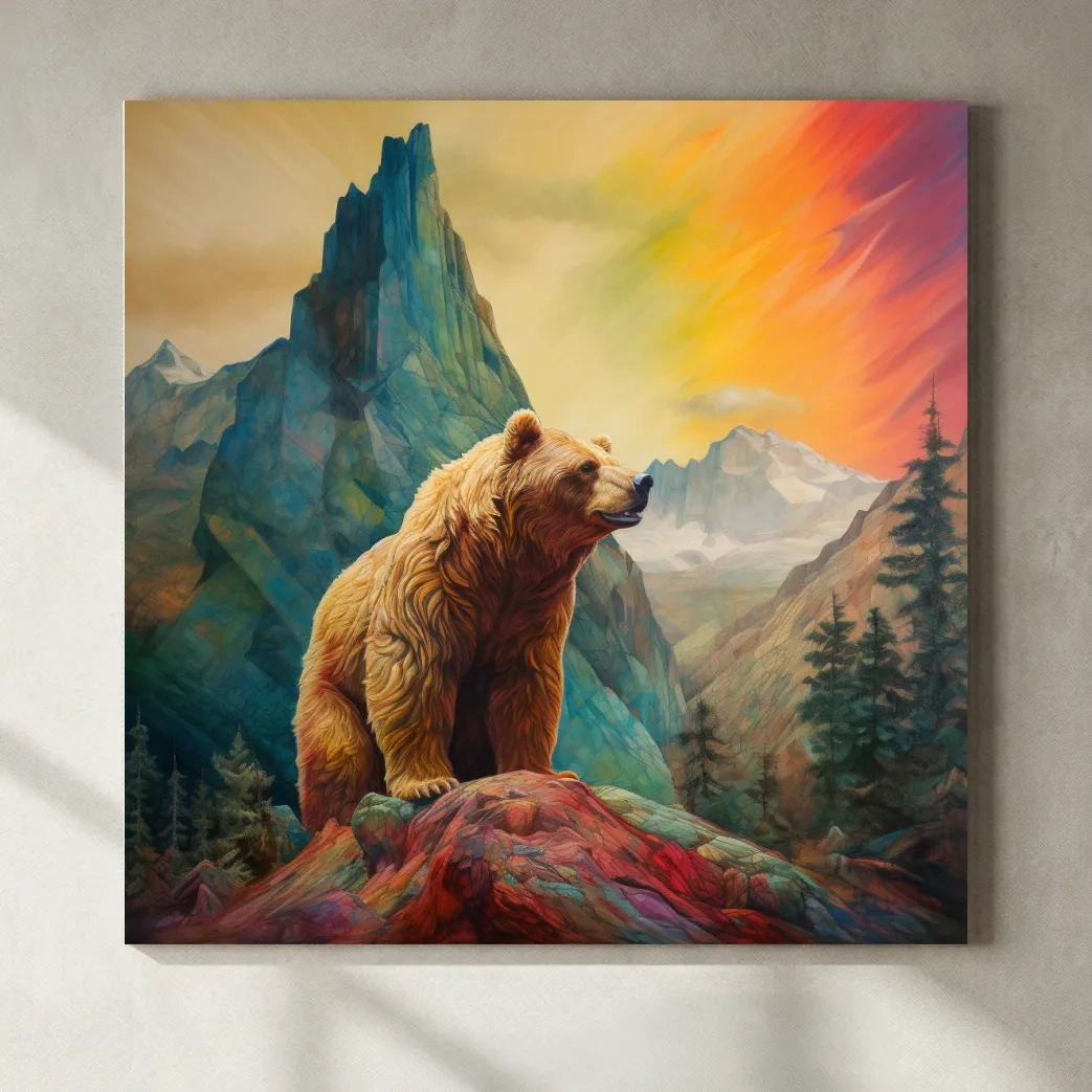 Majestic Grizzly Bear Mountain Landscape - Vibrant Painting Style Wildlife Wall Art