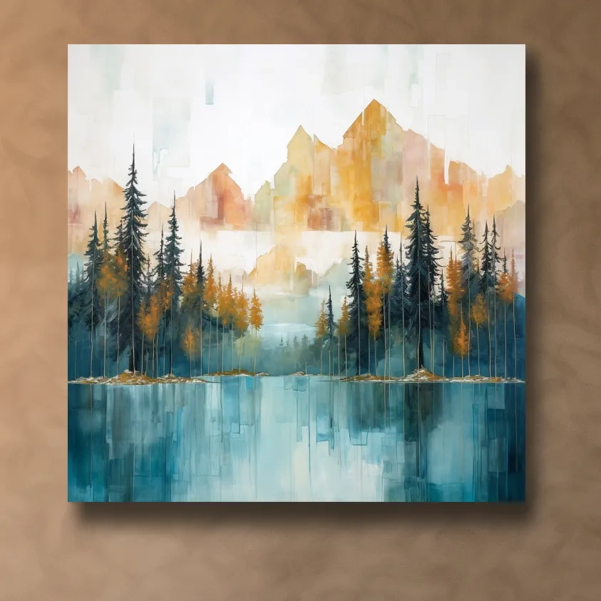 Watercolour painting of an alpine lake in the mountains