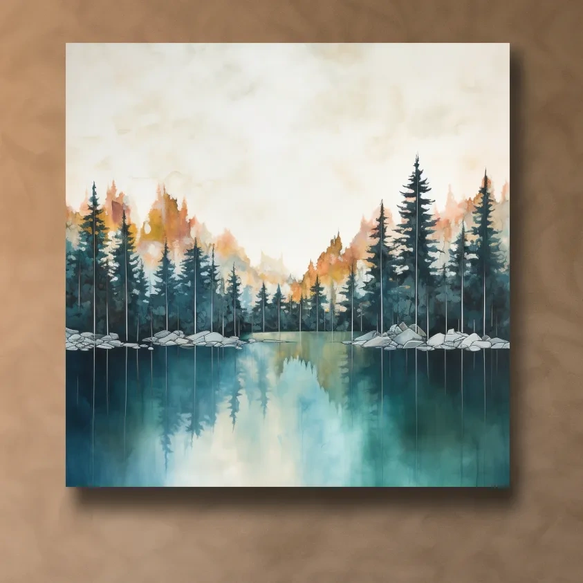Blue and orange watercolour painting of a treelined lake
