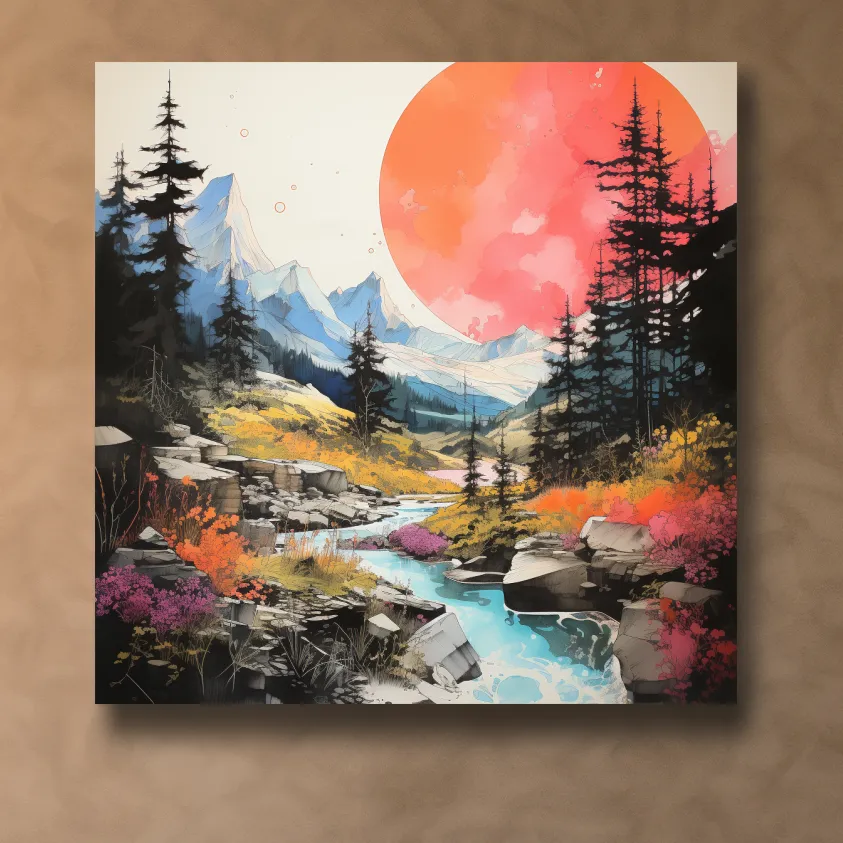 Colourful alpine sunset artwork