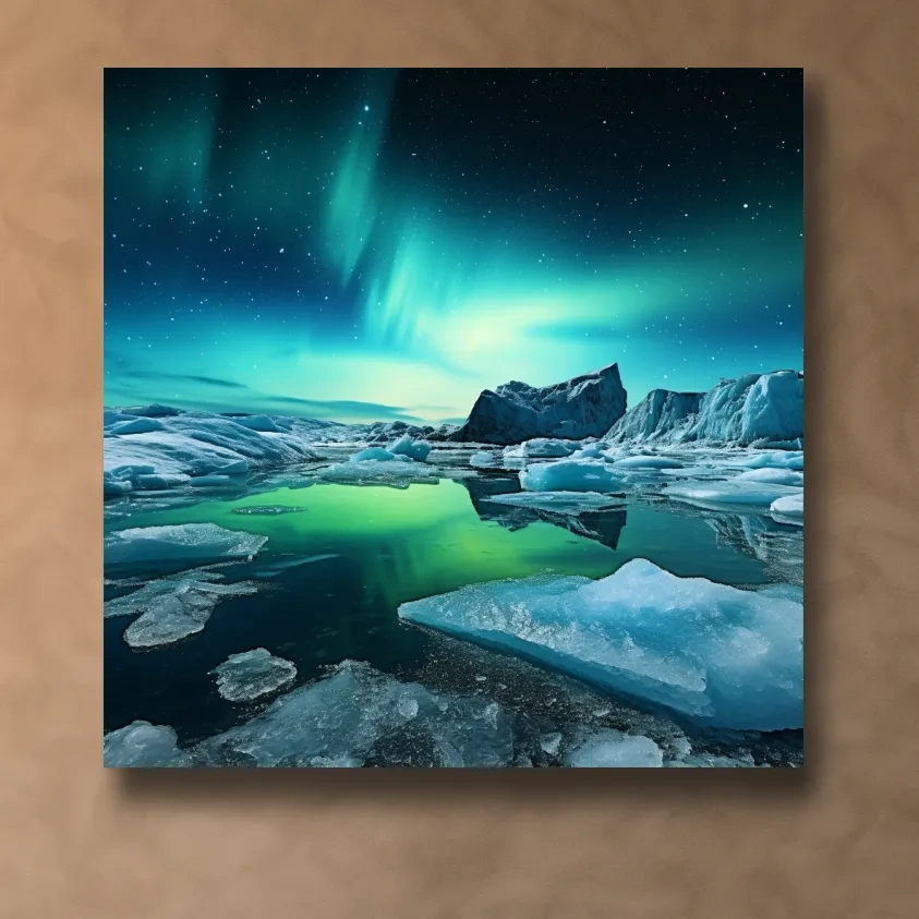 Photographic art, turquoise northen lights over the artic ice