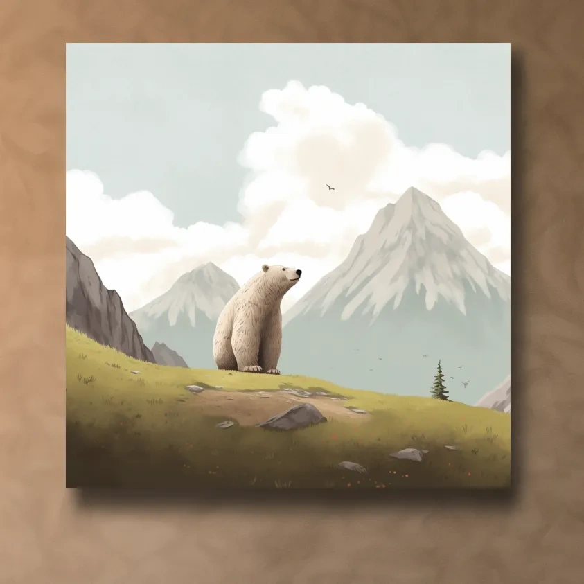 Illustration of a happy bear chilling in the alpine