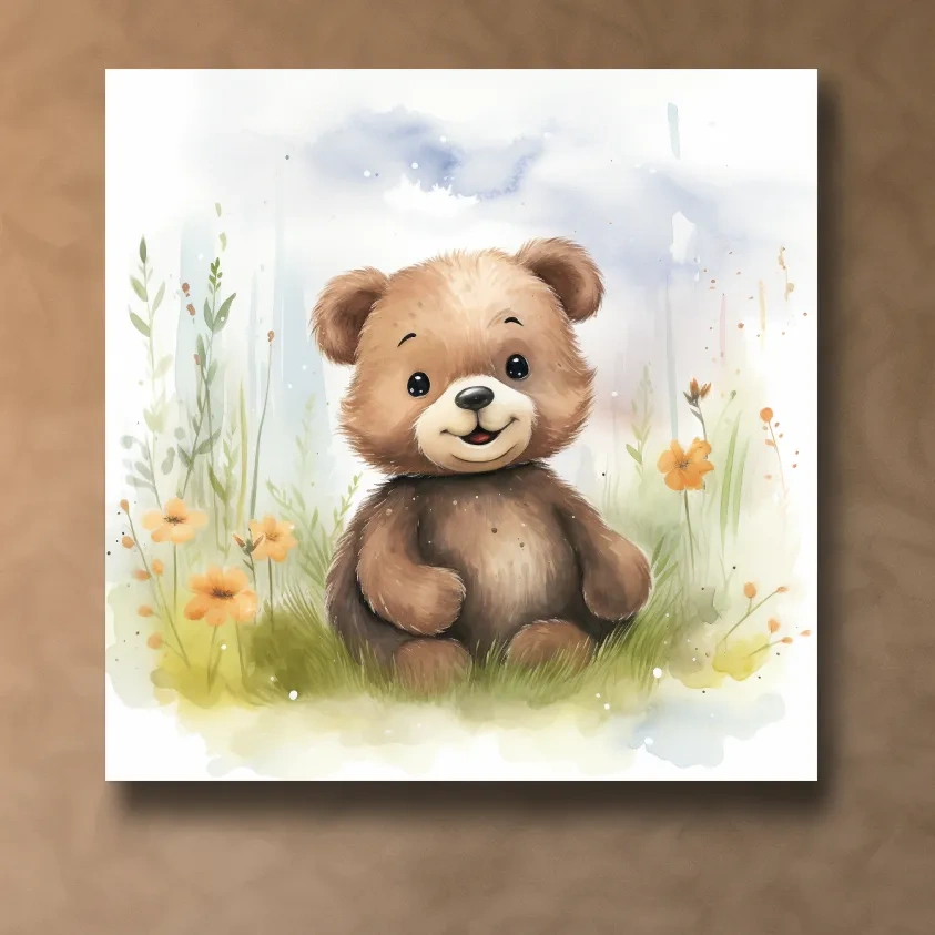 Nursery illustration, watercolor painting of a cute happy bear cub