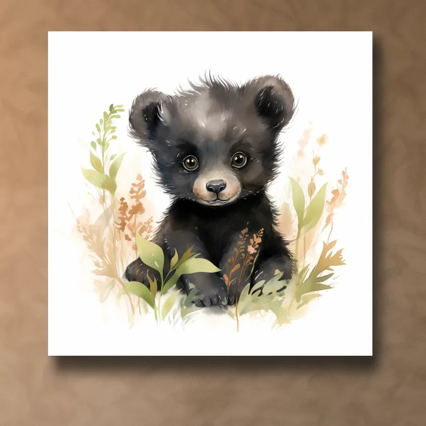 Watercolor painting of a cute black bear cub, nursery art painting