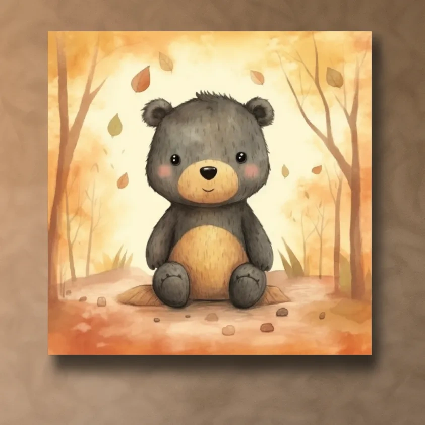 An illustration of a cute bear sitting in the forest, childrens art