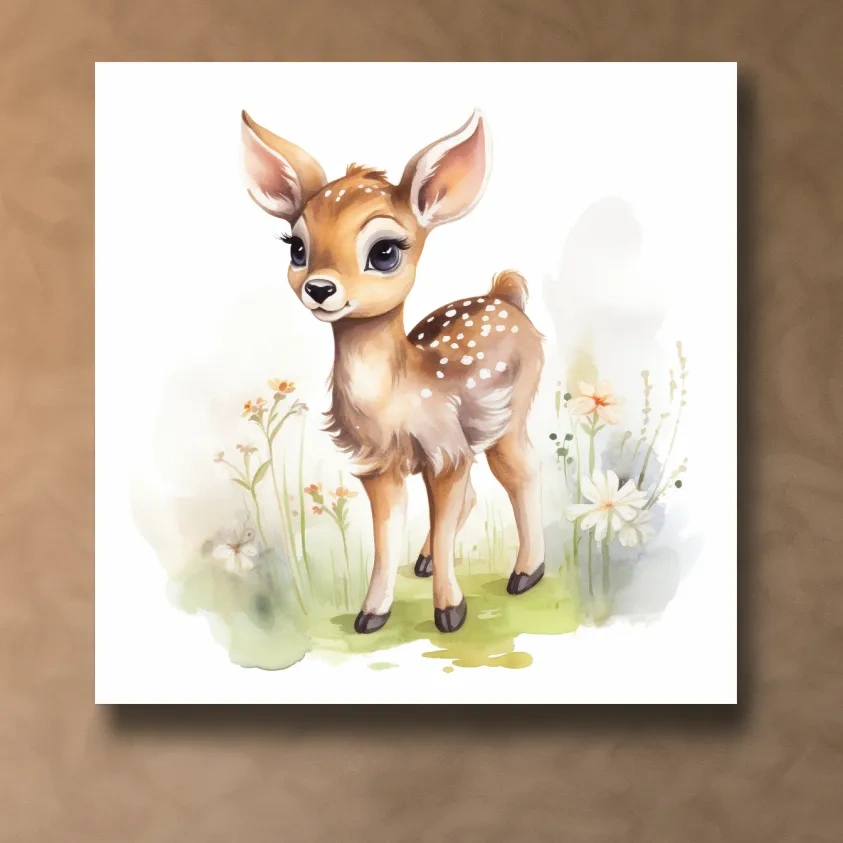 Simple watercolor painting of a cute deer fawn in the forest, nursery art