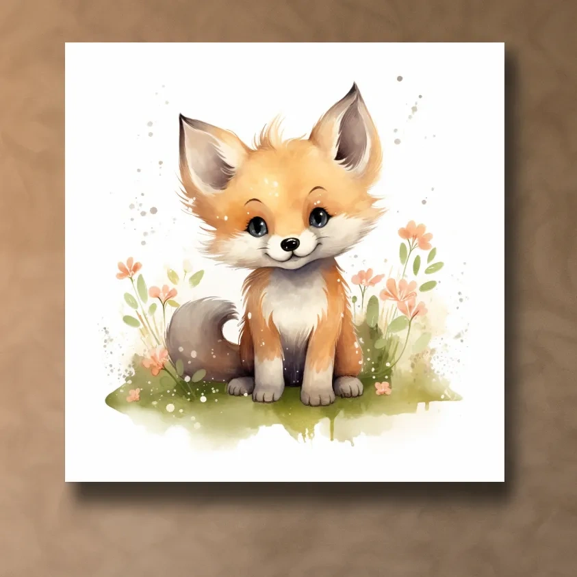 Watercolor illustration, a cute fox cub in the flowers, nursery art