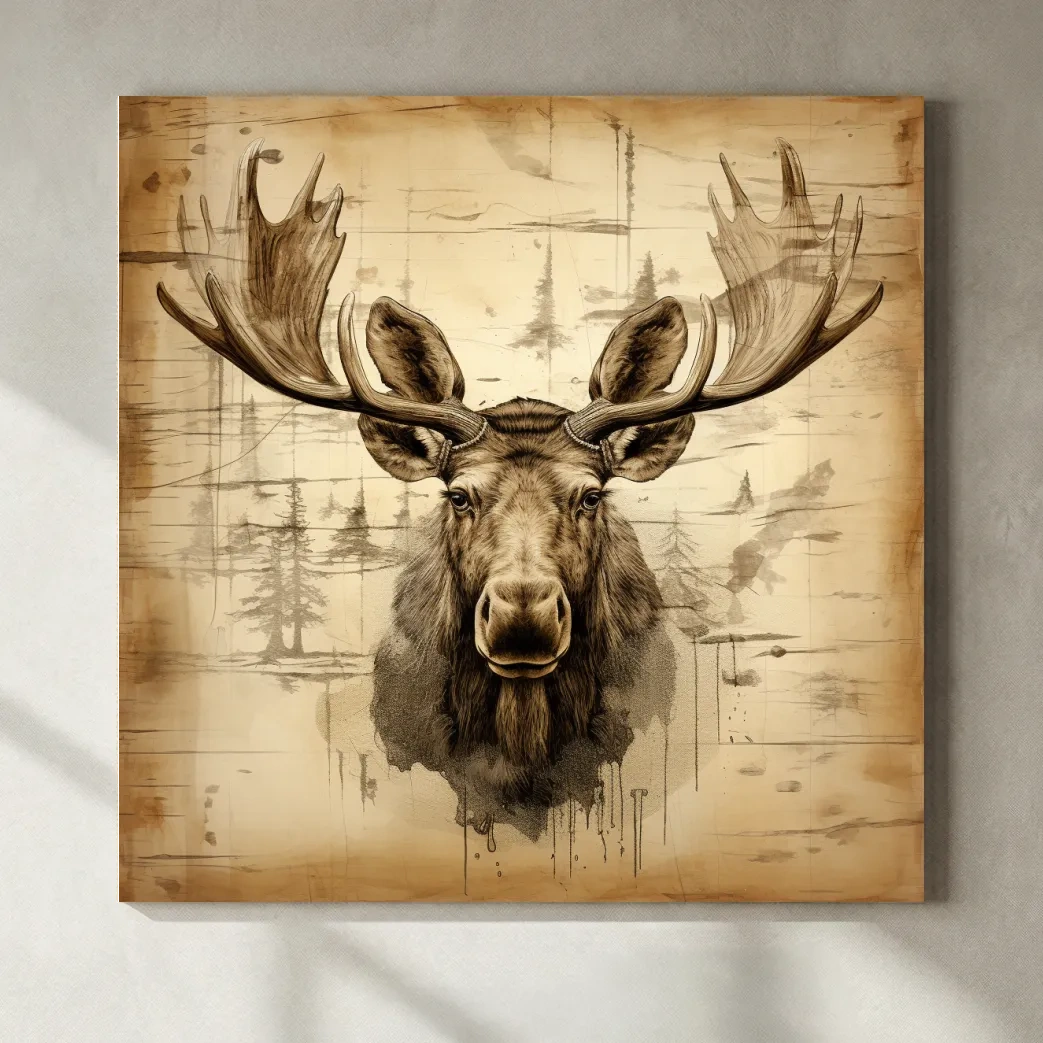 Rustic Sepia Moose Portrait Sketch - Vintage Lodge Wildlife Wall Art