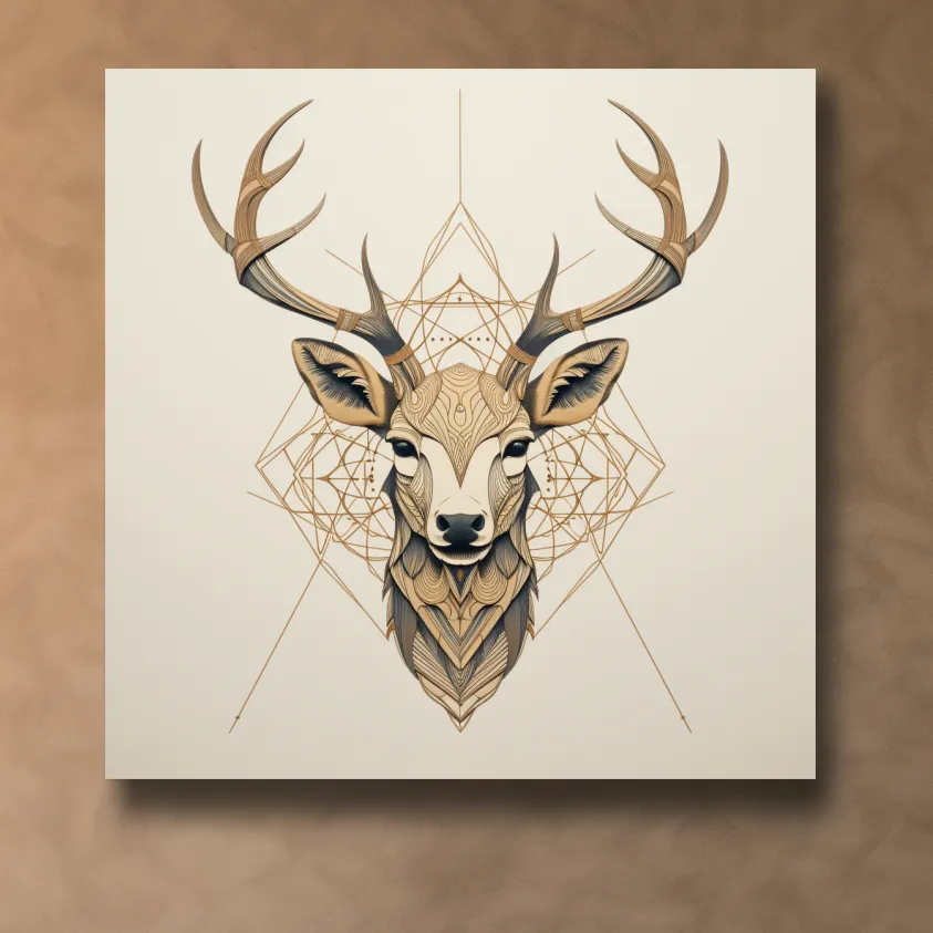 Geometric tattoo style illustration of a deer head