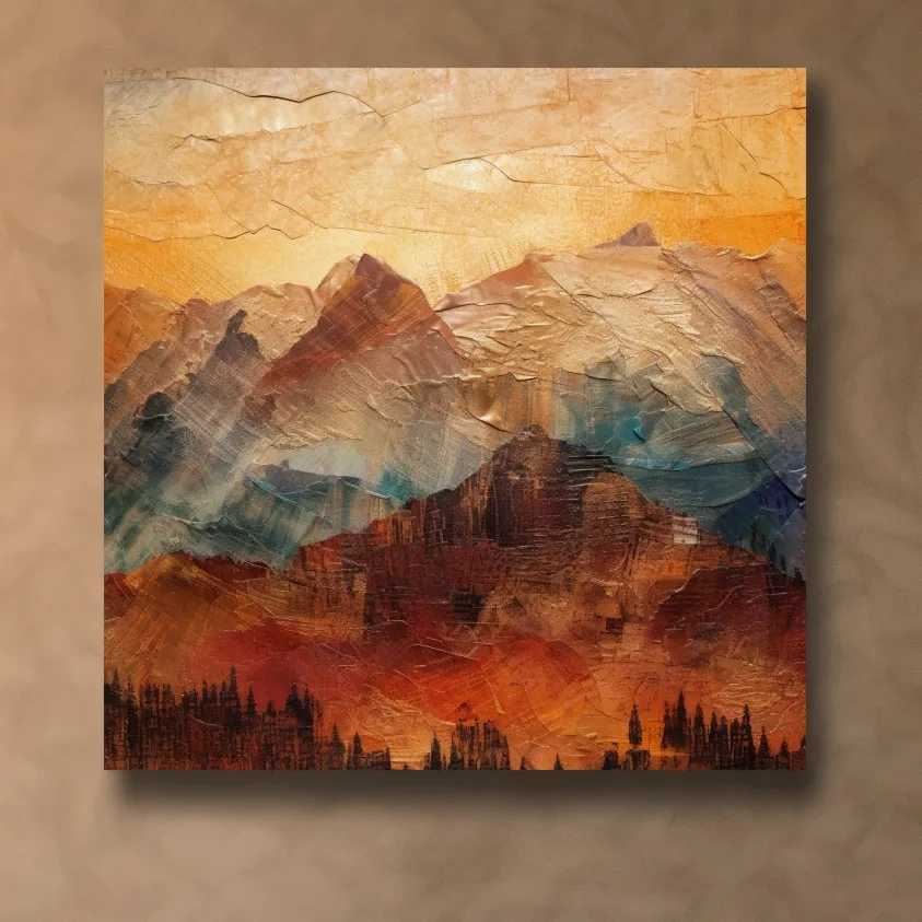 Impasto Style Abstract Mountain Range Sunset - Warm Rustic Landscape Wall Art