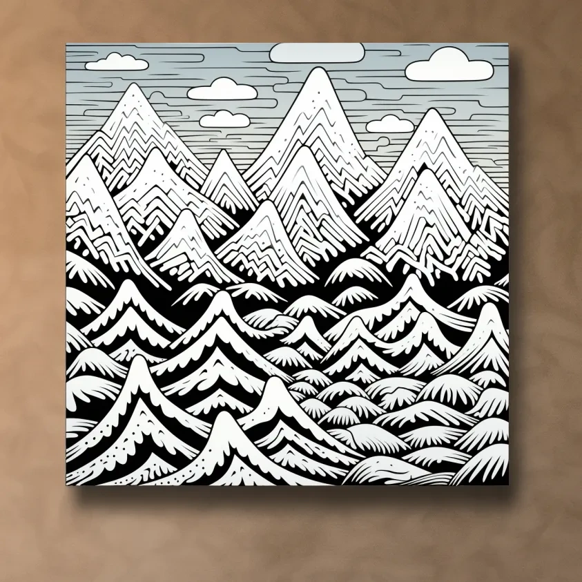 Black and white illustration drawing of snowy mountain patterns