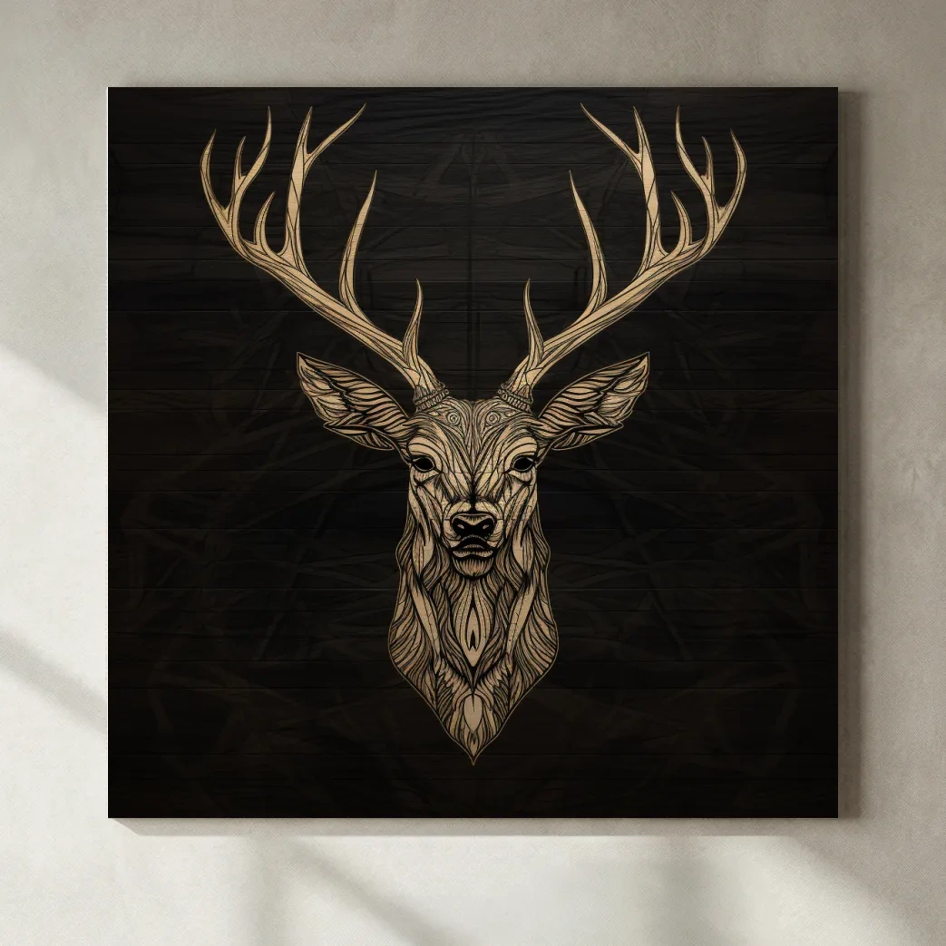 Elegant Geometric Deer Head Line Art - Rustic Woodcut Style Wildlife Artwork