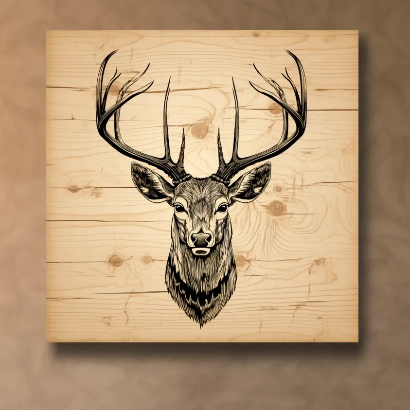 Engraved wood art of deer head