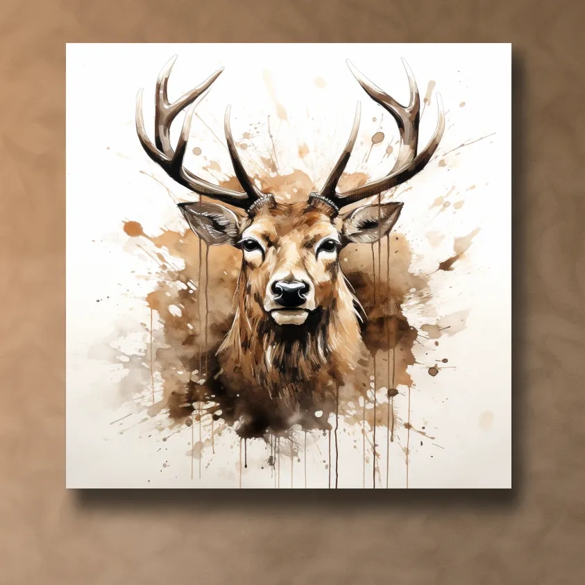 Splattered watercolour painting of a deers head