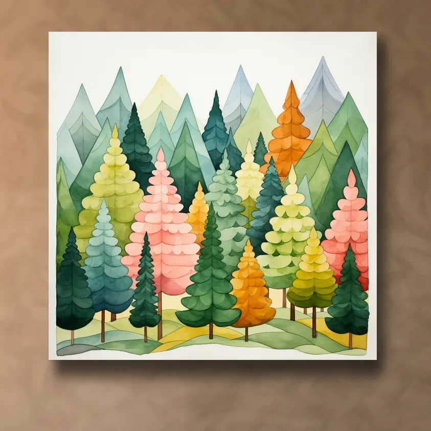 Watercolour style art of colorful dreamy forest