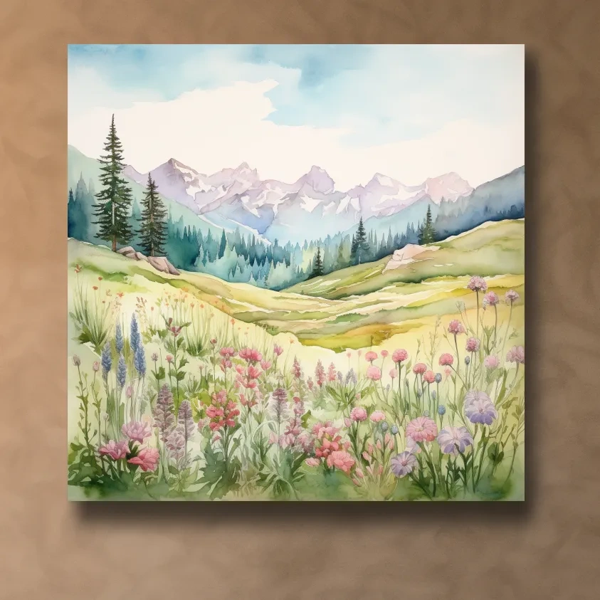 Watercolour painting of alpine flowers in pastel mountain meadows