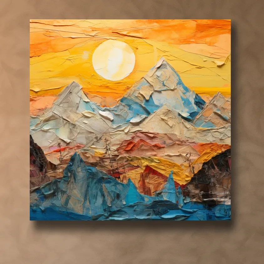 Textured art paper mache effect, mountains at sunset canvas art