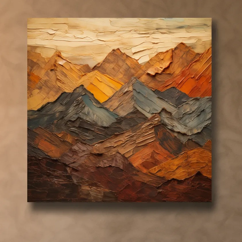 Earthy coloured mountains artwork, textured impasto painting effect