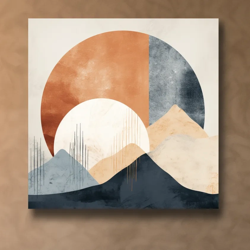 Abstract shapes forming mountains, mid century style artwork, earthy tones