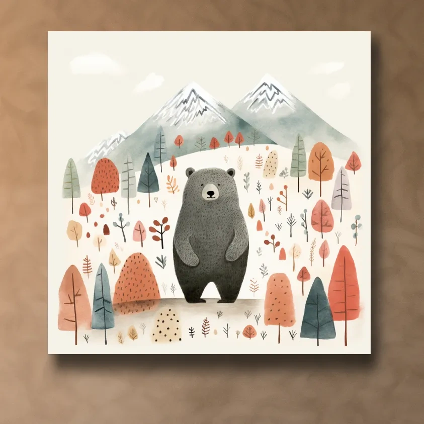 Nursery storybook art illustration of a black bear in the forest