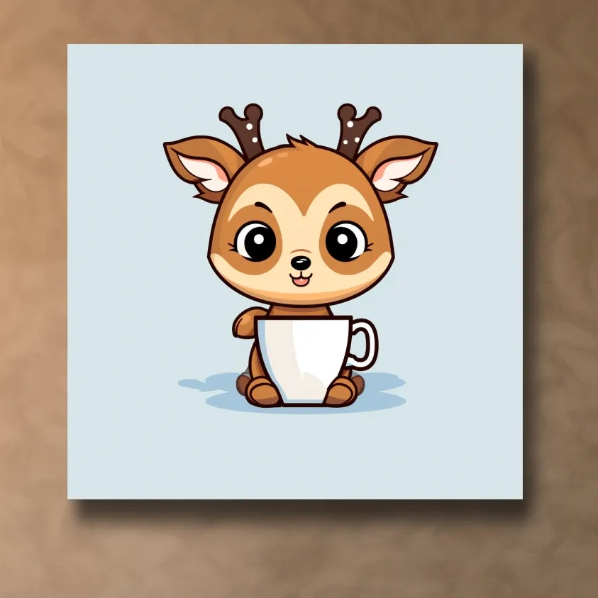 Cartoon illustration of a cute baby deer having morning coffee