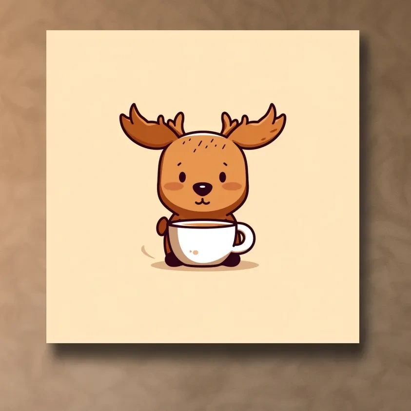 Cartoon illustration of a happy baby moose drinking coffee