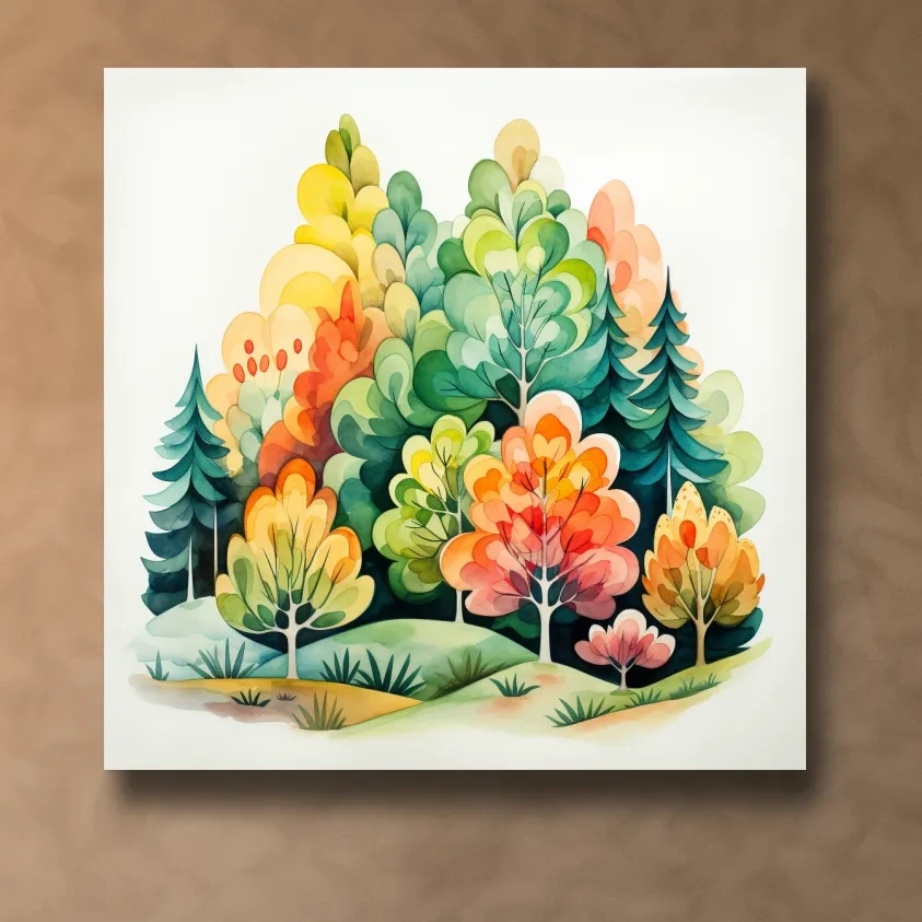 Colorful forest art, watercolor style illustration