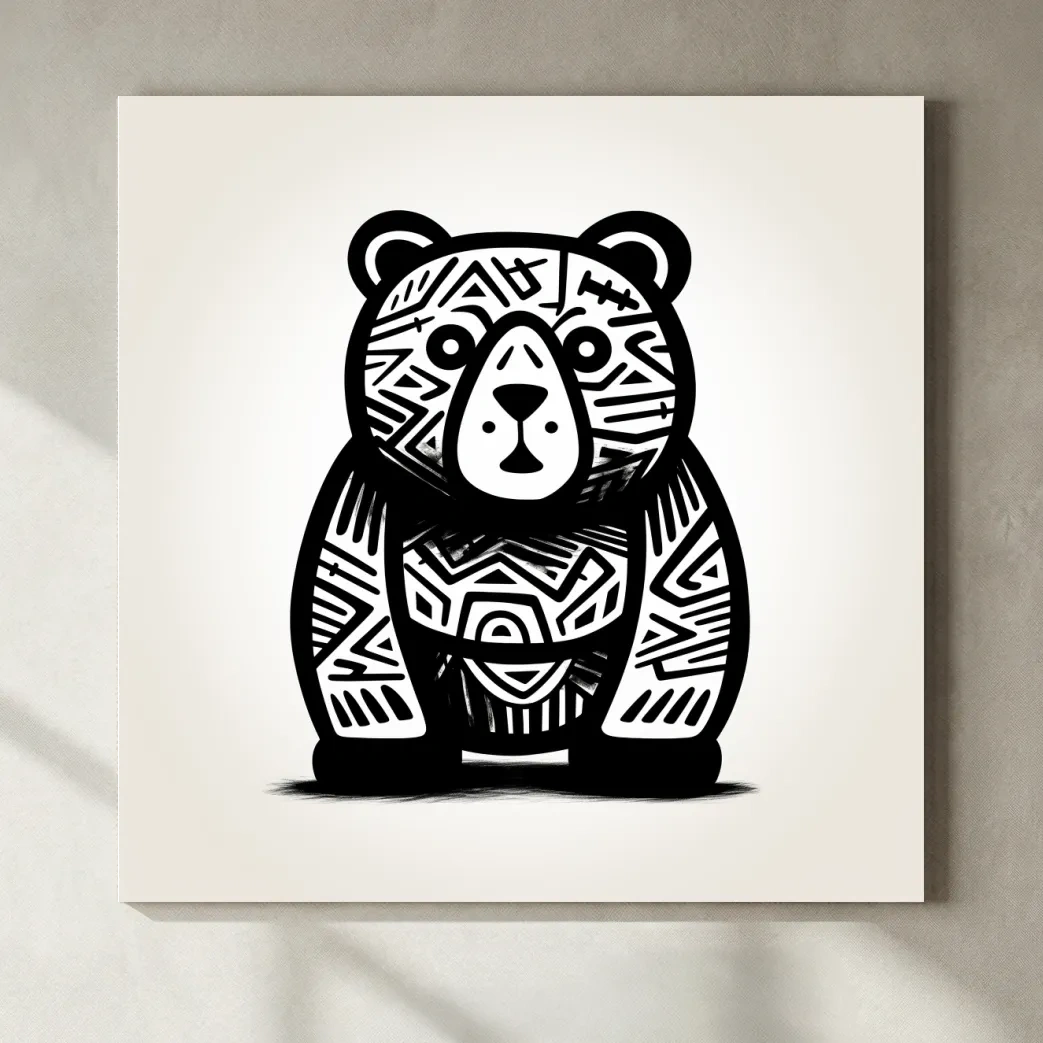 Tribal Pattern Bear Illustration - Quirky Black And White Animal Wall Art