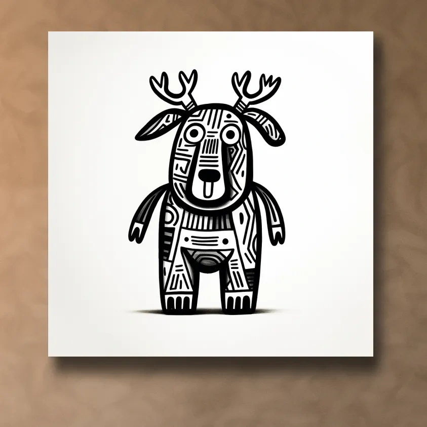 Whimsical Tribal Deer Illustration - Quirky Black And White Animal Wall Art