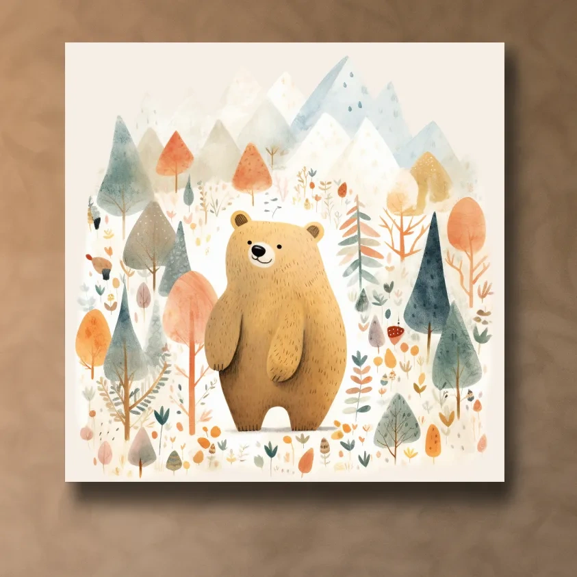 Cute Watercolor Bear In Mountain Forest - Whimsical Nursery Wall Art
