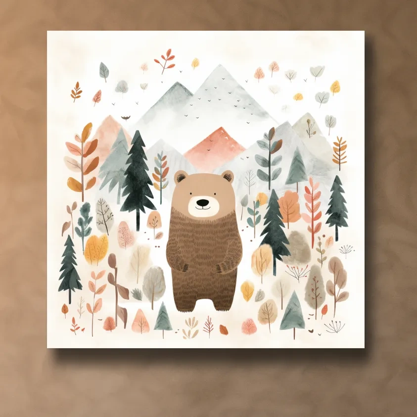 Nursery storybook art illustration of a brown bear in the forest