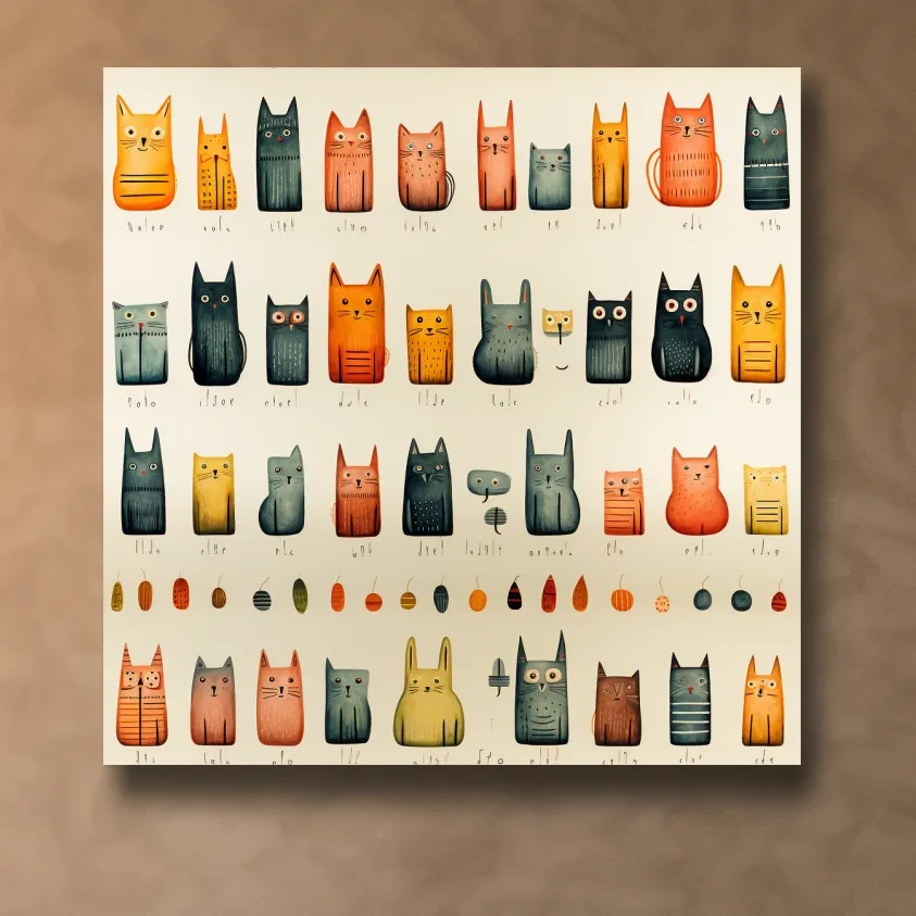 Whimsical Mid Century Cat Pattern Illustration - Colorful Nursery Wall Art