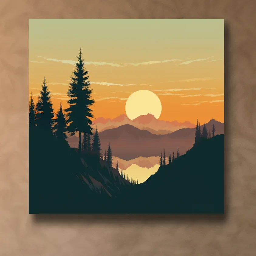 Mimimal mountain art, sunset over the alpine trees