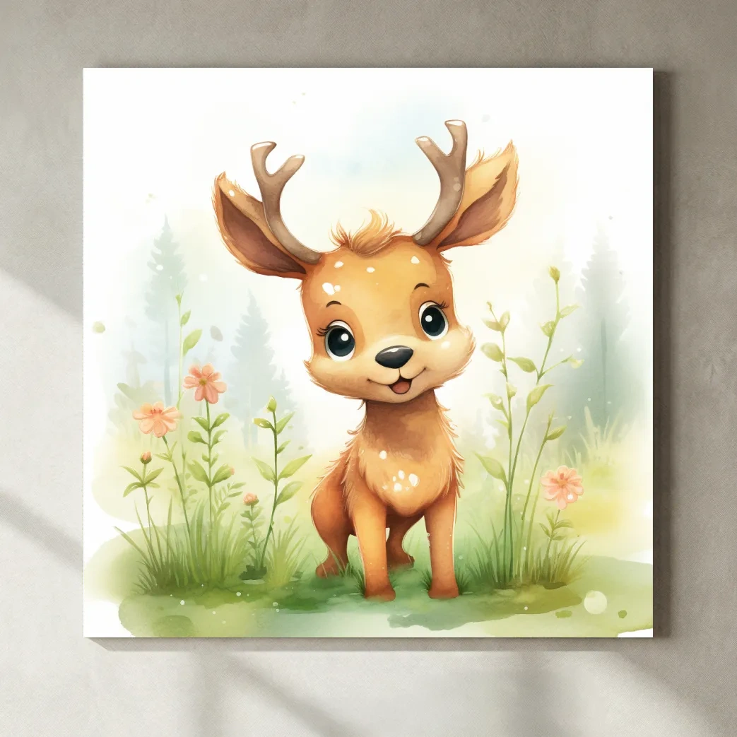 Cute Watercolor Baby Deer Illustration - Woodland Nursery Animal Wall Art