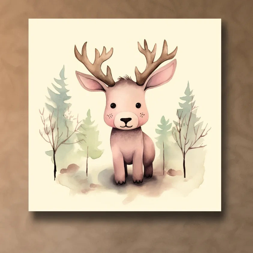 Childrens nursery art, an illustration of a cute baby moose in the forest