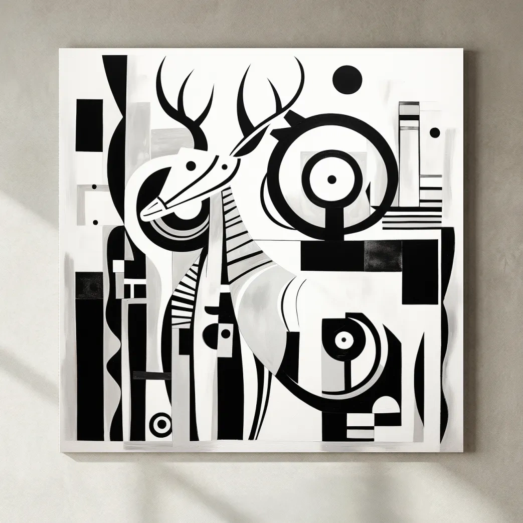 Abstract Geometric Deer Artwork - Mid-Century Black And White Animal Wall Art