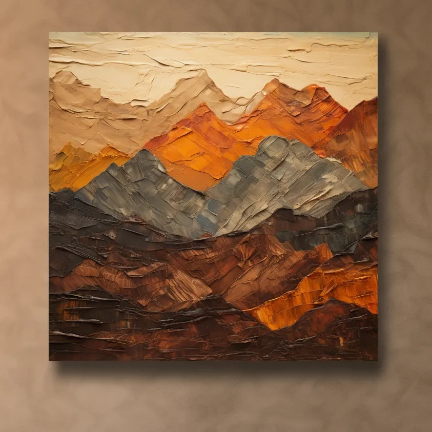 Textured impasto painting of earthy coloured mountains