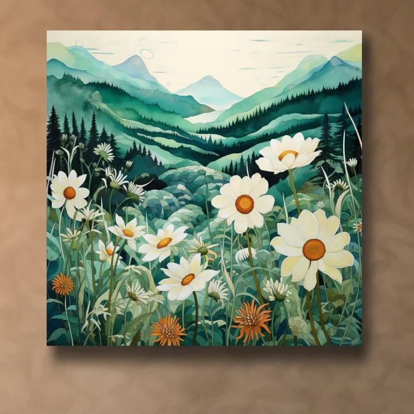 Flowers in the alpine meadows, watercolour illustration