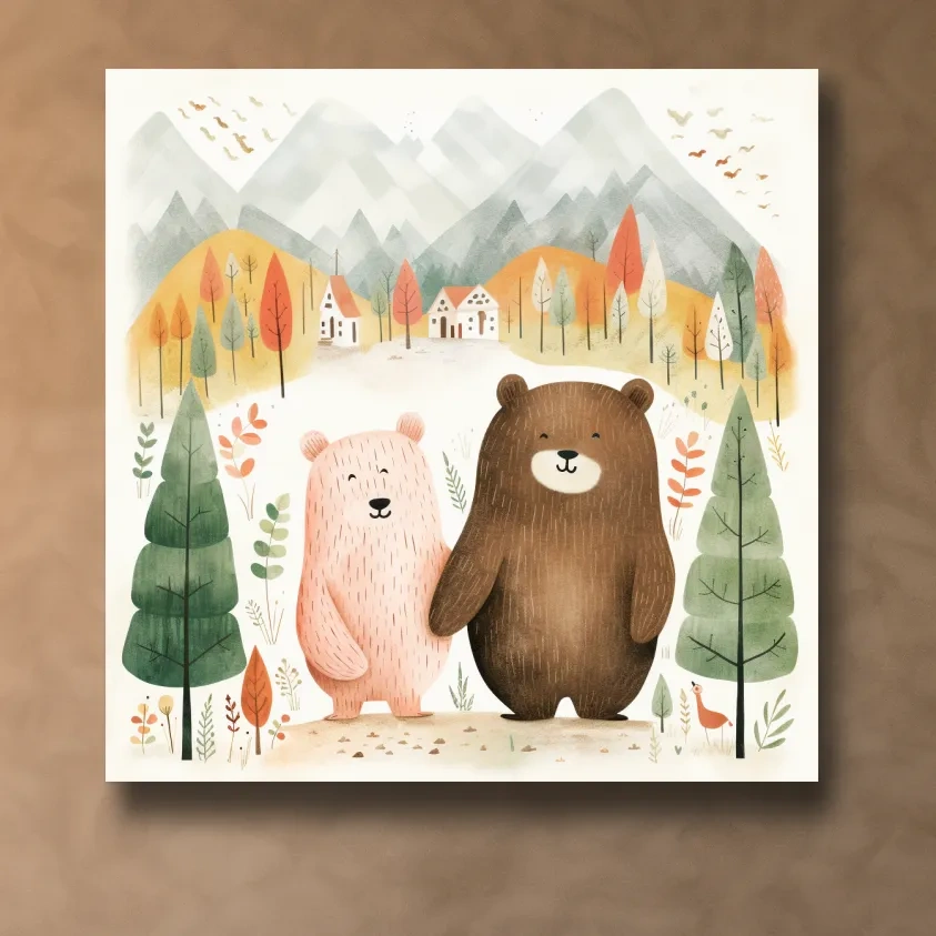 Cute storybook nursery art, bears holding hands in the mountains