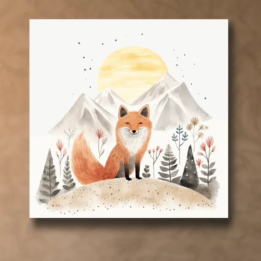 Whimsical Watercolor Fox Mountain Sunrise - Nursery Woodland Animal Wall Art
