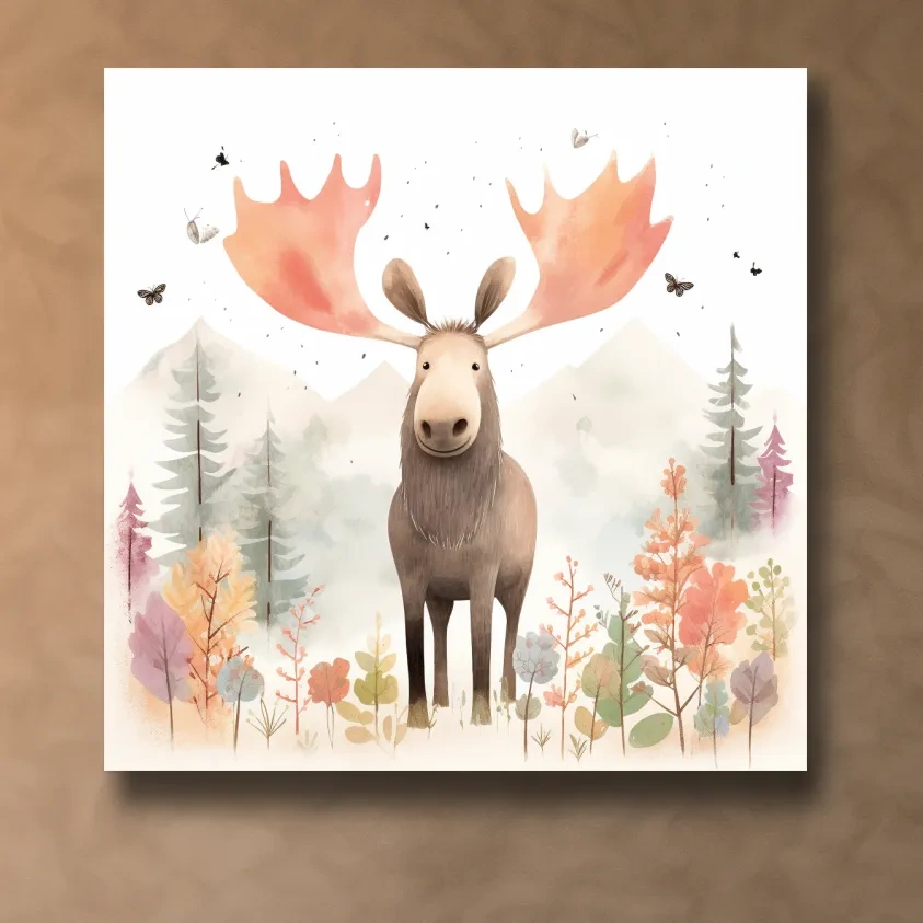 Nursery storybook artwork illustration, a happy moose in the mountains