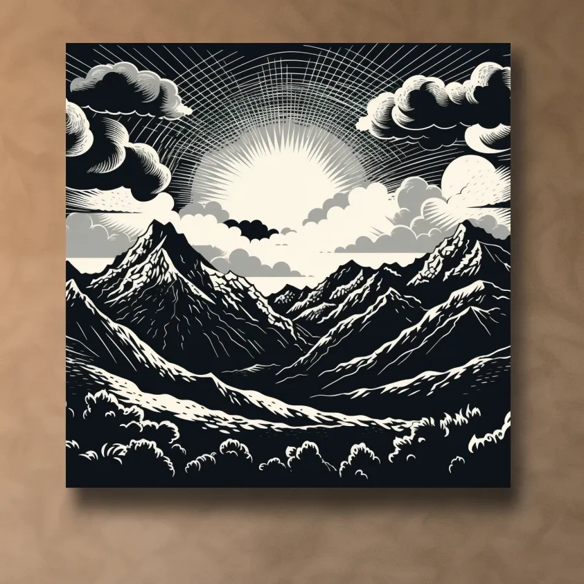 Sunset over mountain ranges, linocut style black & white artwork