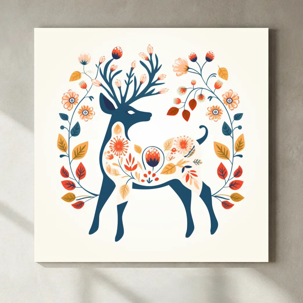Folk Art Floral Deer Silhouette - Scandinavian Woodland Wall Art