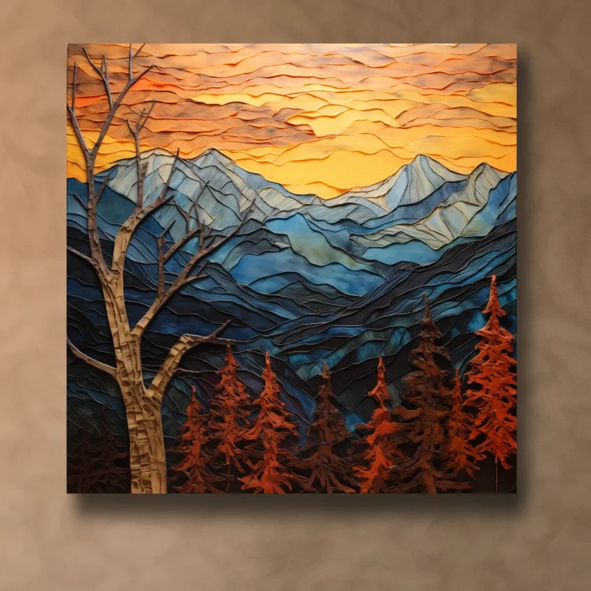 Layered Paper Cut Alpine Mountain Sunset - Mixed Media 3D Landscape Wall Art