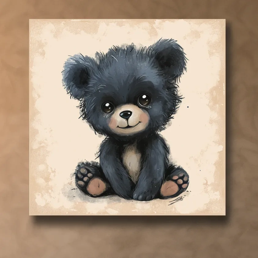 Nursery artwork, painting of a cute baby black bear cub