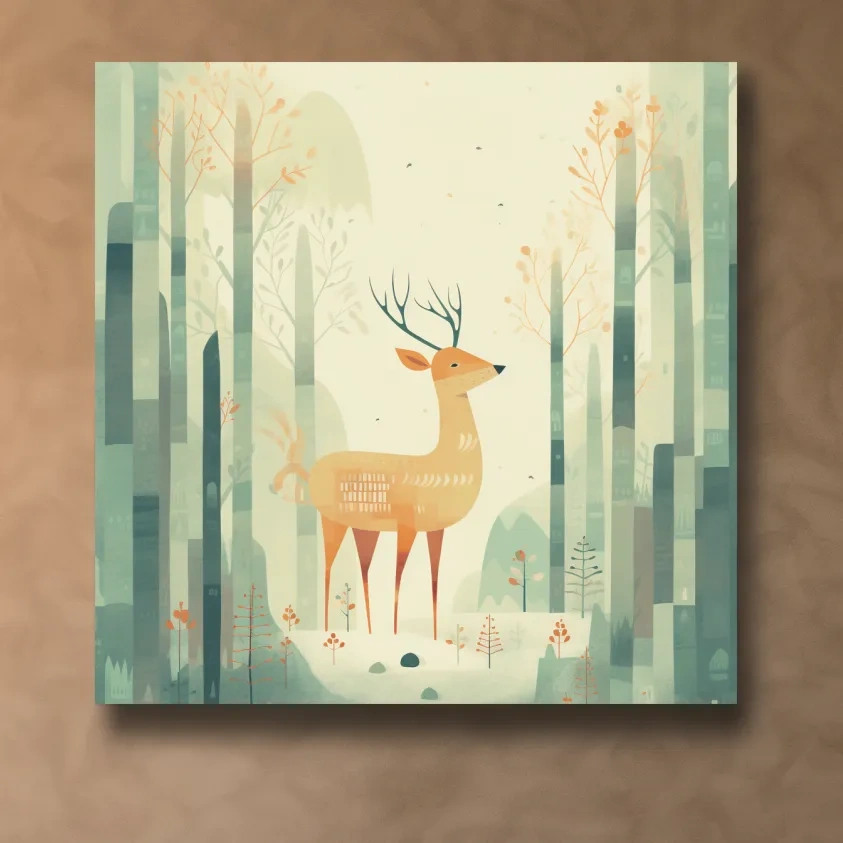 Whimsical Deer In Misty Forest - Minimalist Woodland Nursery Wall Art