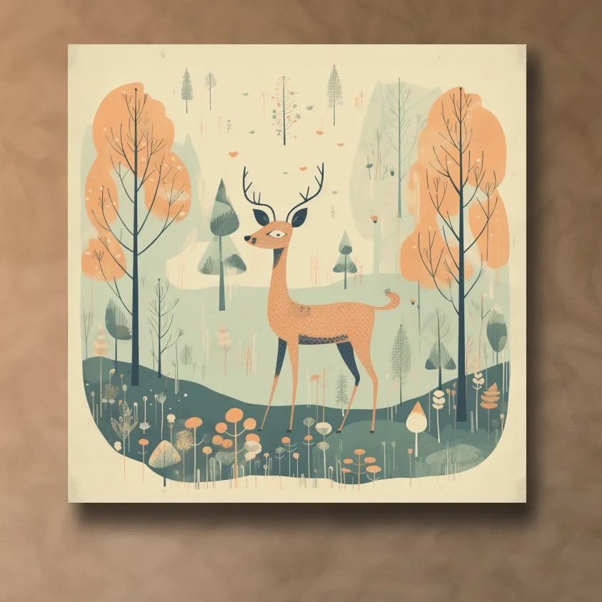 Whimsical Deer in Pastel Forest Illustration - Folk Art Woodland Nursery Wall Art