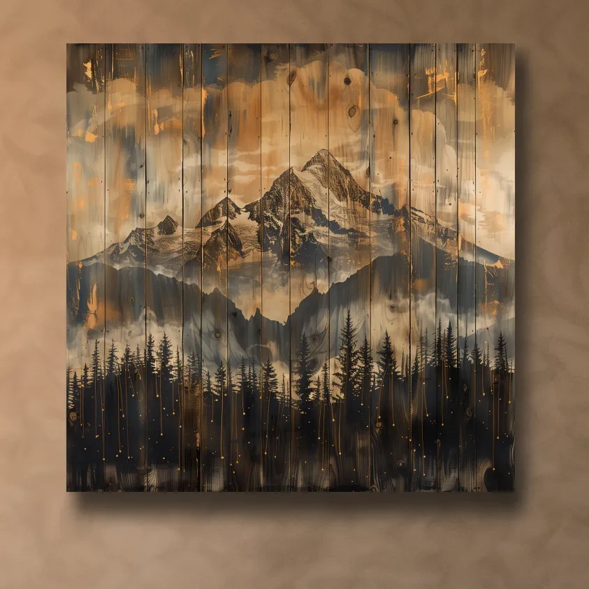 Mountain range cabin art, rustic wood burning effect, wooden panel style